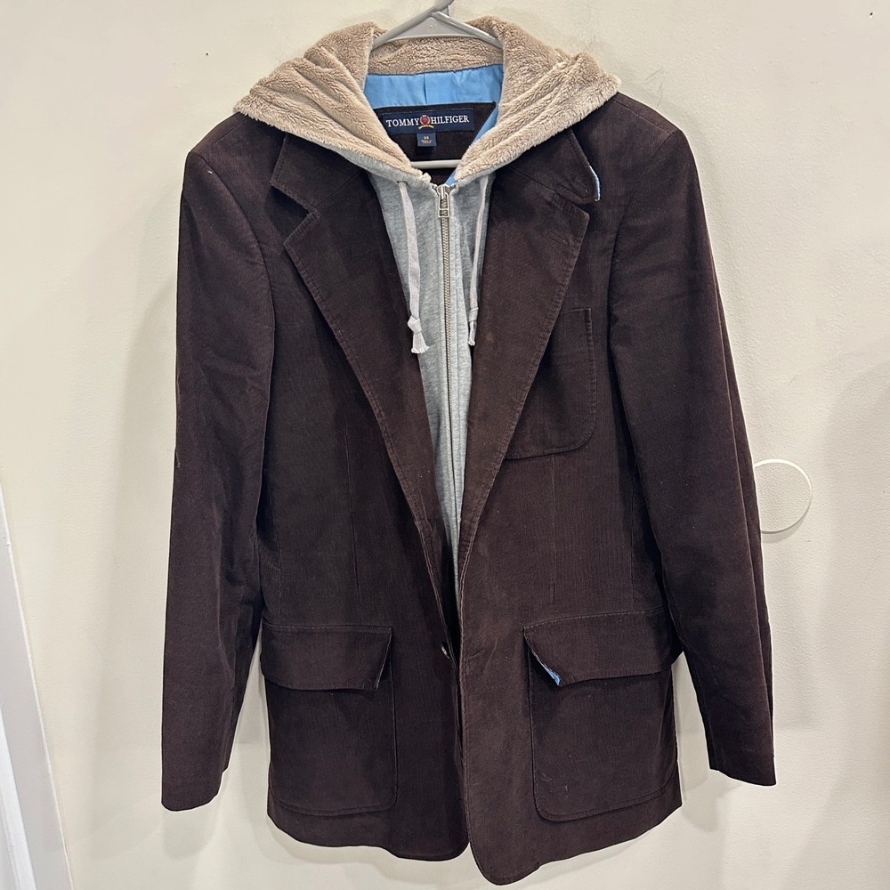 VTG 00s Tommy Hilfiger Mens Brown Corduroy Blazer Hoodie Layered Jacket Size 38‎